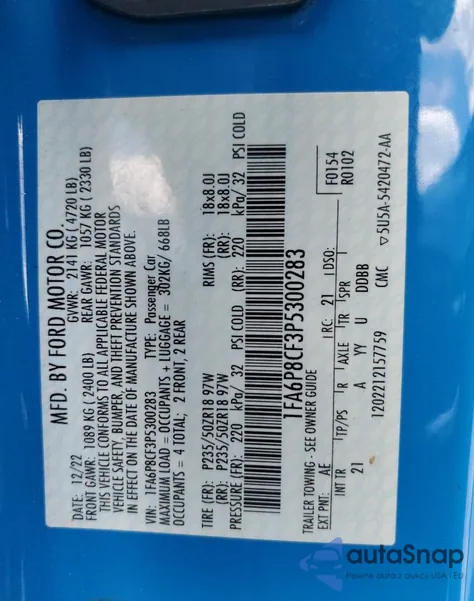 2023 Ford Mustang Gt из США, поврежденный, VIN 1FA6P8CF3P5300283